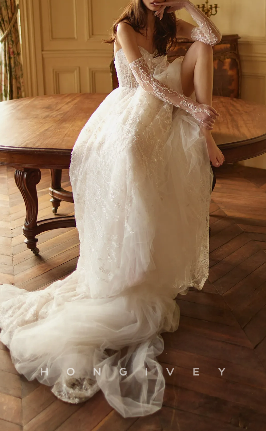 H0940 - Glitter Fully Lace Floral Embroidered Pearl Beaded Illusion With Train Long Wedding Dress - Fashionpara