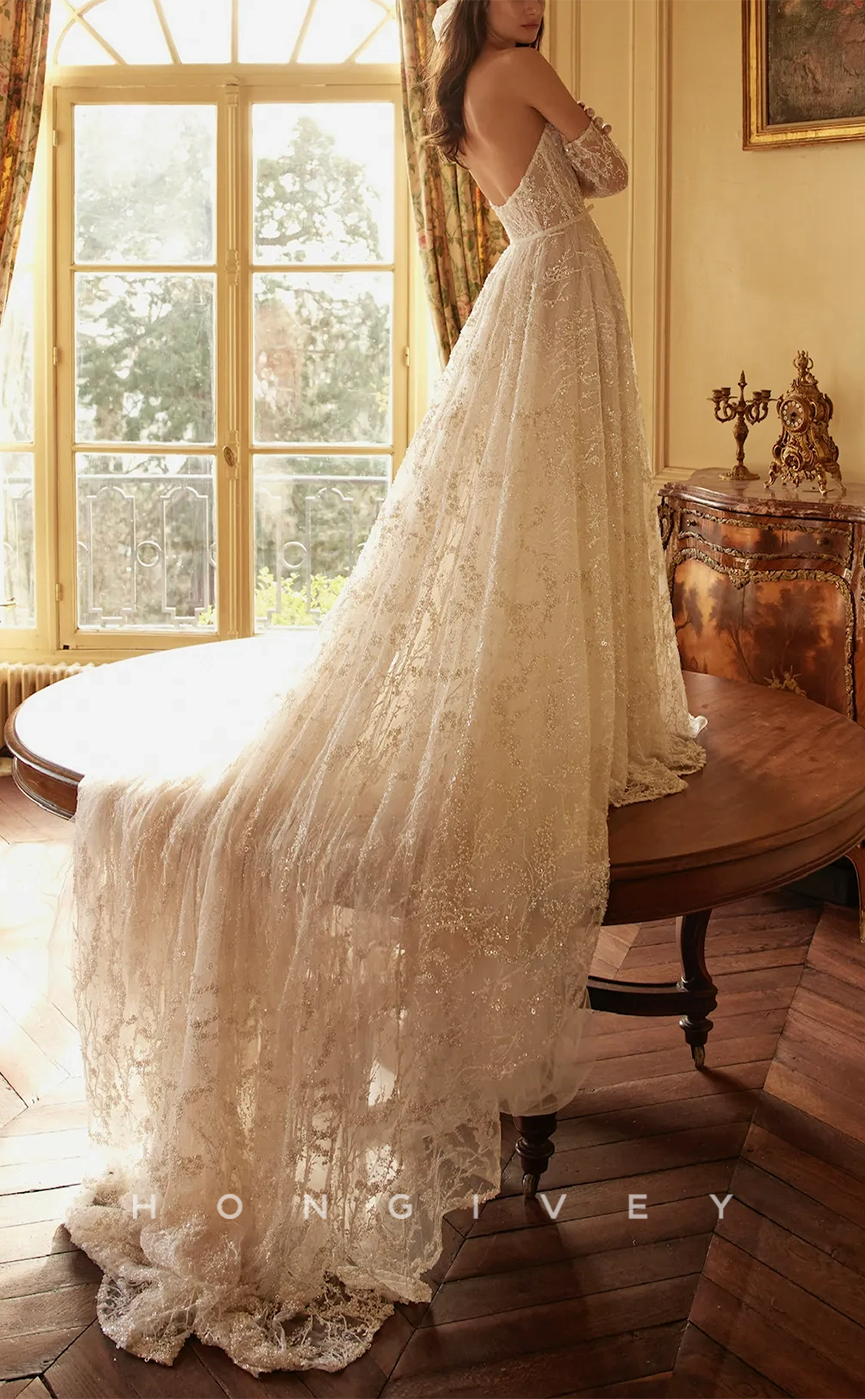 H0940 - Glitter Fully Lace Floral Embroidered Pearl Beaded Illusion With Train Long Wedding Dress - Fashionpara