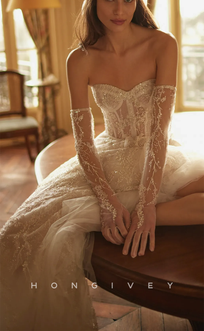 H0940 - Glitter Fully Lace Floral Embroidered Pearl Beaded Illusion With Train Long Wedding Dress - Fashionpara