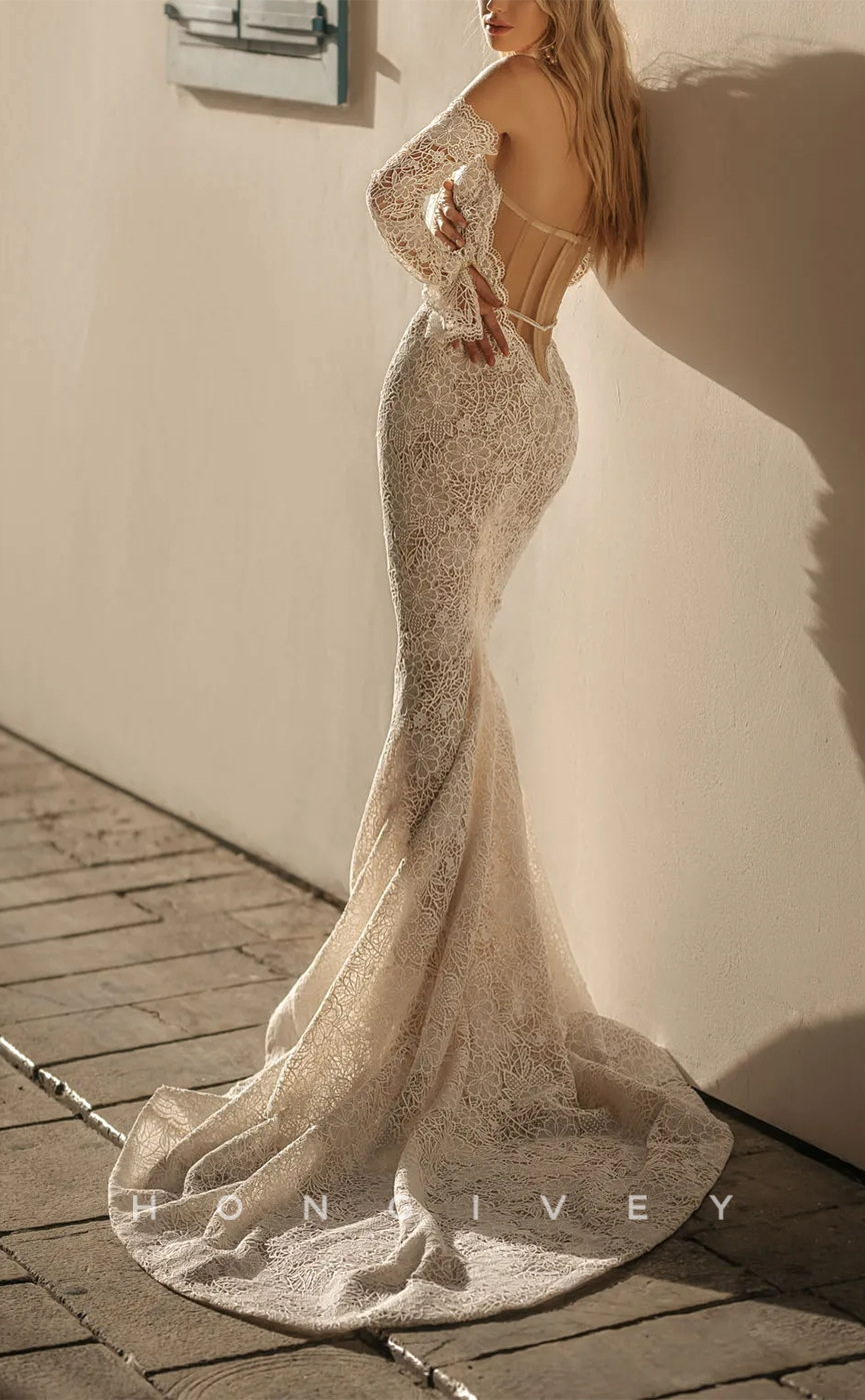 H0947 - Fully Lace Illusion Long Sleeves Mermaid With Train Long Wedding Dress - Fashionpara