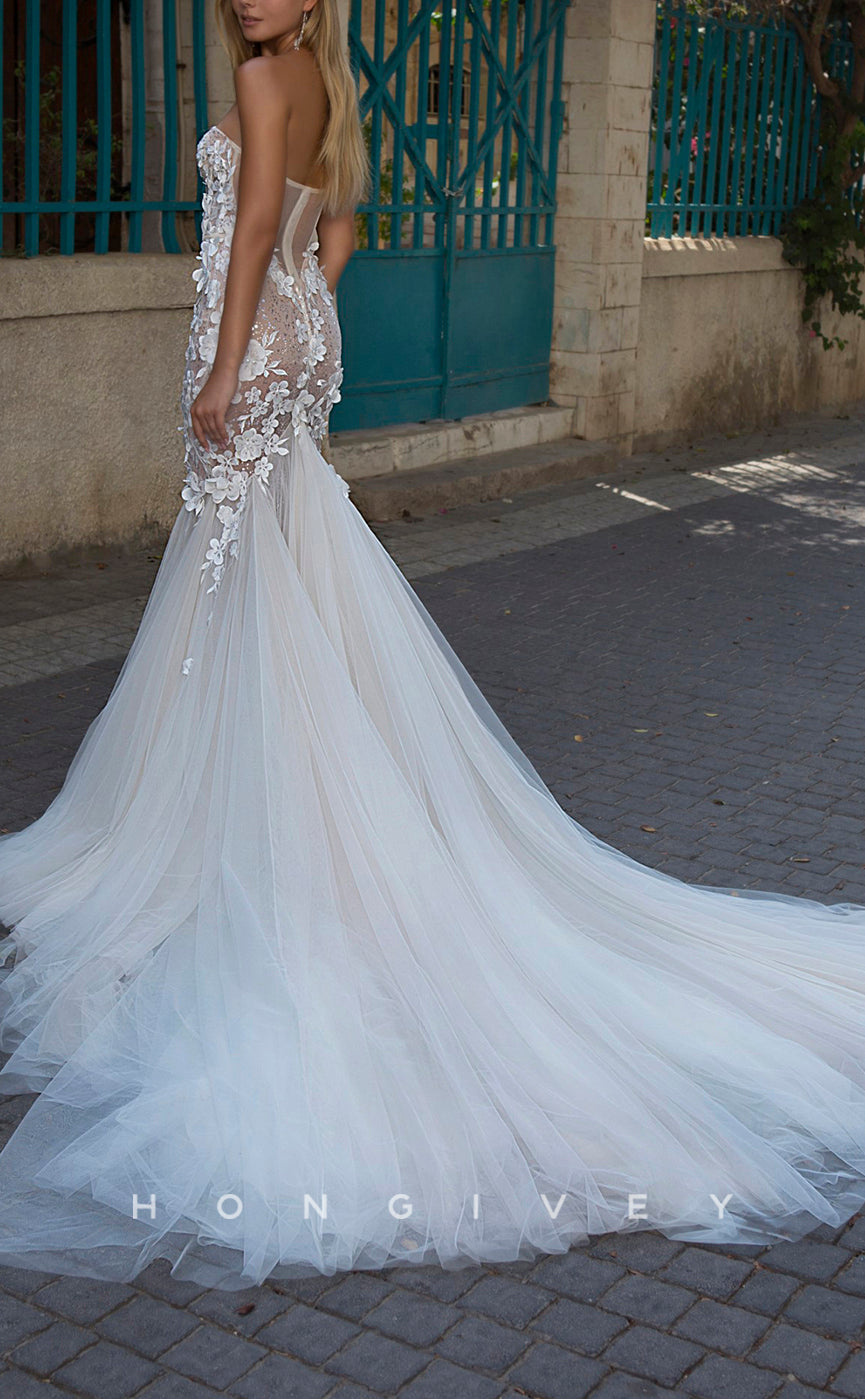 H0949 - Sparkly Floral Embossed Sheer Strapless With Train Long Wedding Dress - Fashionpara