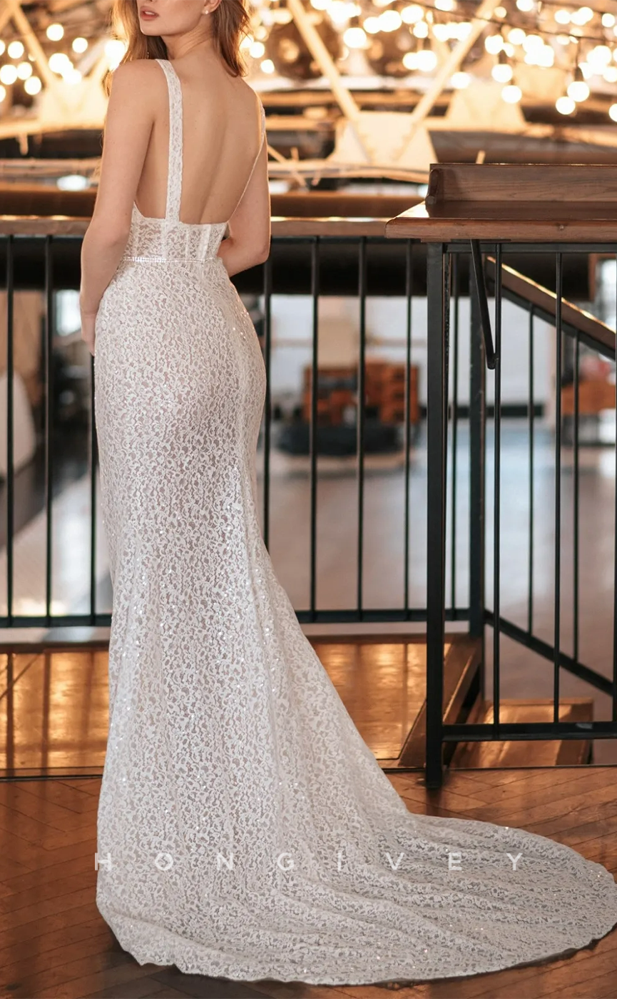 H0950 - Sparkly Crystal Beaded Fully Floral Lace Sheer With Train And Slit Long Wedding Dress - Fashionpara