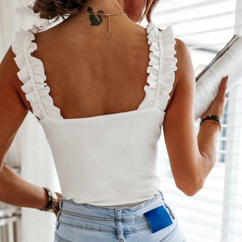 Solid Ribbed Knit Square Collar Casual Slim Cami Top