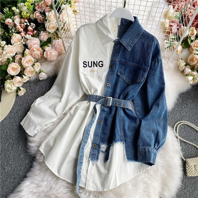 Women's Blouse Autumn Long Sleeve Shirt Tops Jeans Patchwork Plaid Blouses Elegantes Blusas para mujer Slim Shirt Dress - Fashionpara