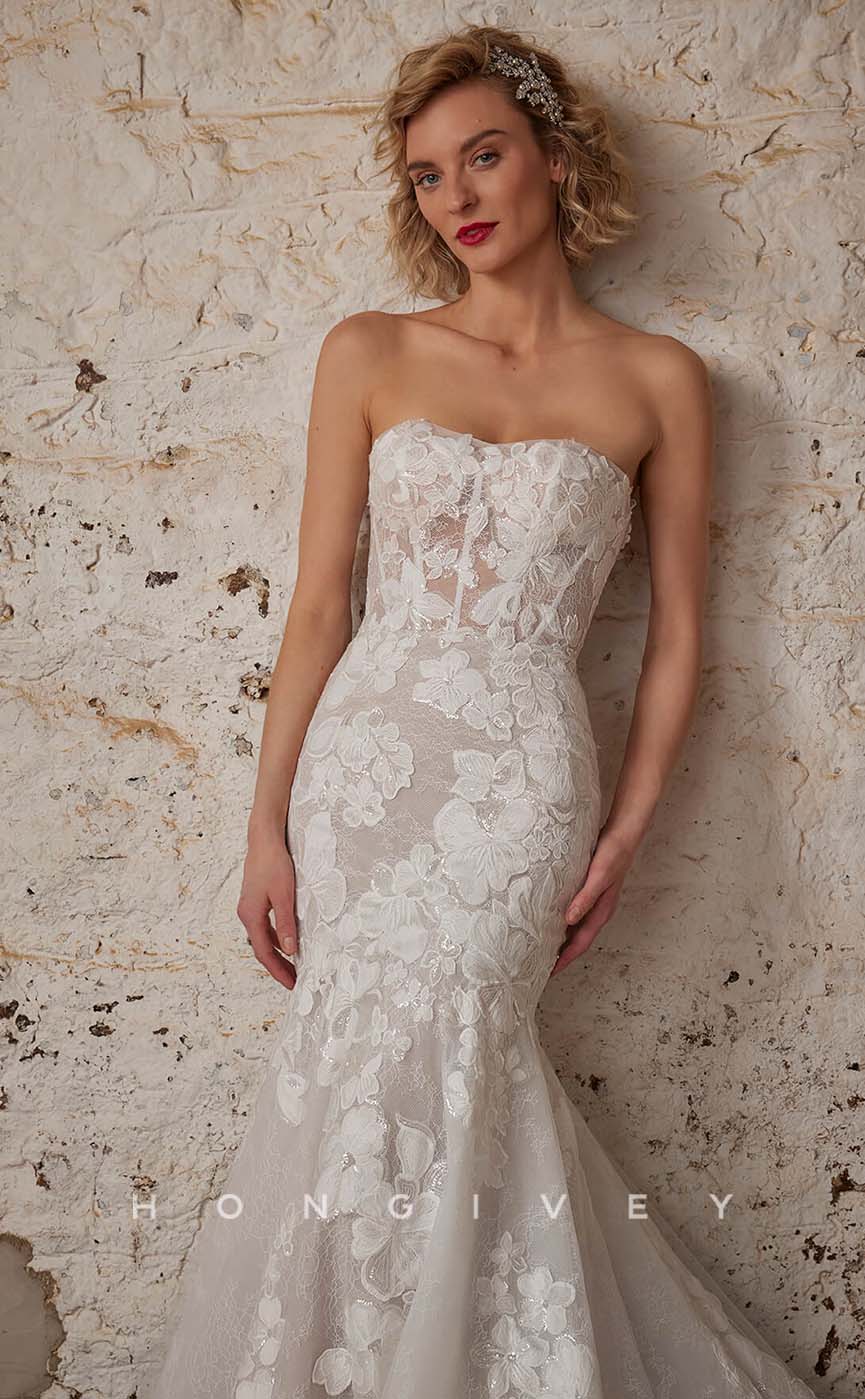 H1005 - Classic Illusion Lace Appliques Trumpet/Mermaid Long Boho/Beach Wedding Dress - Fashionpara