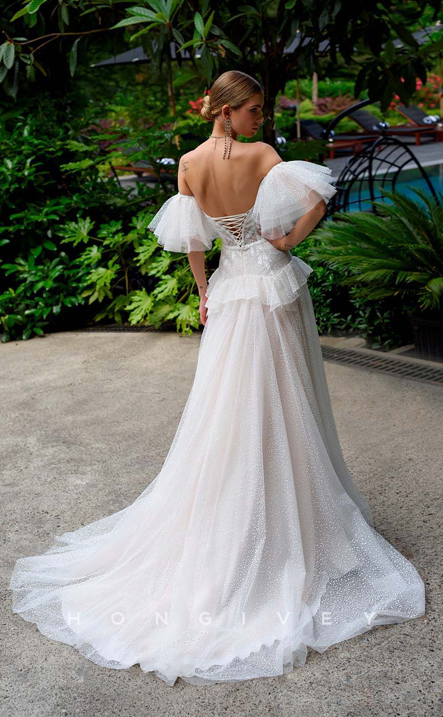 H1007 - Sexy Satin Sheer Sweetheart With Side Slit Long Beach/Bohemian Wedding Dress - Fashionpara