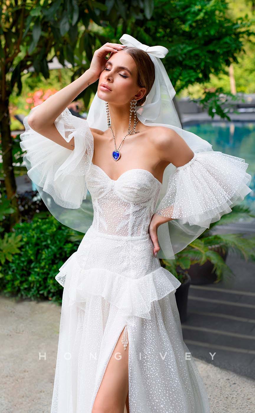 H1007 - Sexy Satin Sheer Sweetheart With Side Slit Long Beach/Bohemian Wedding Dress - Fashionpara