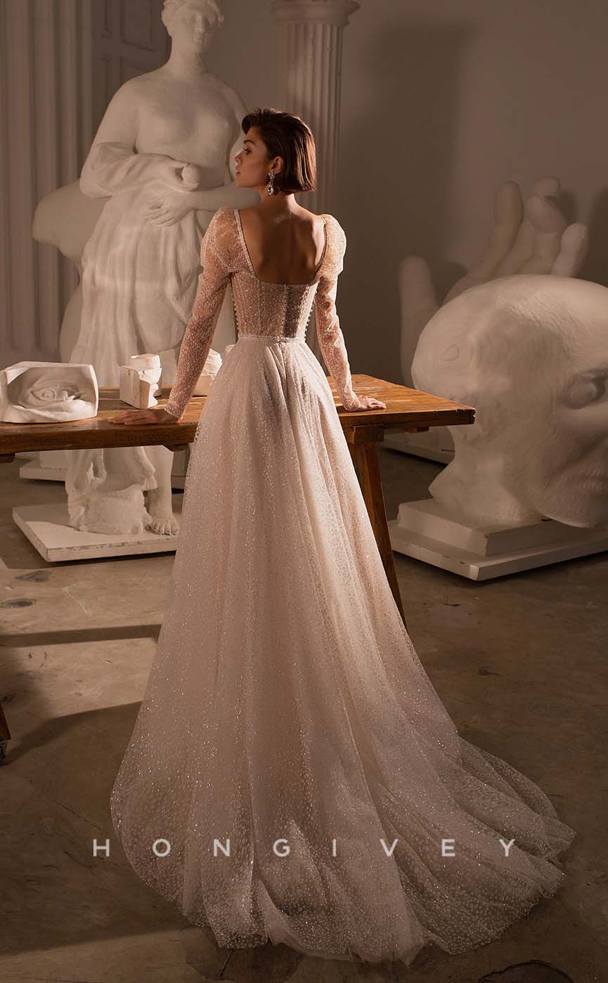 H1013 - Sexy/Ornate Sparkly Sweetheart Illusion Cutout Long Sleeve Long Wedding Dress - Fashionpara