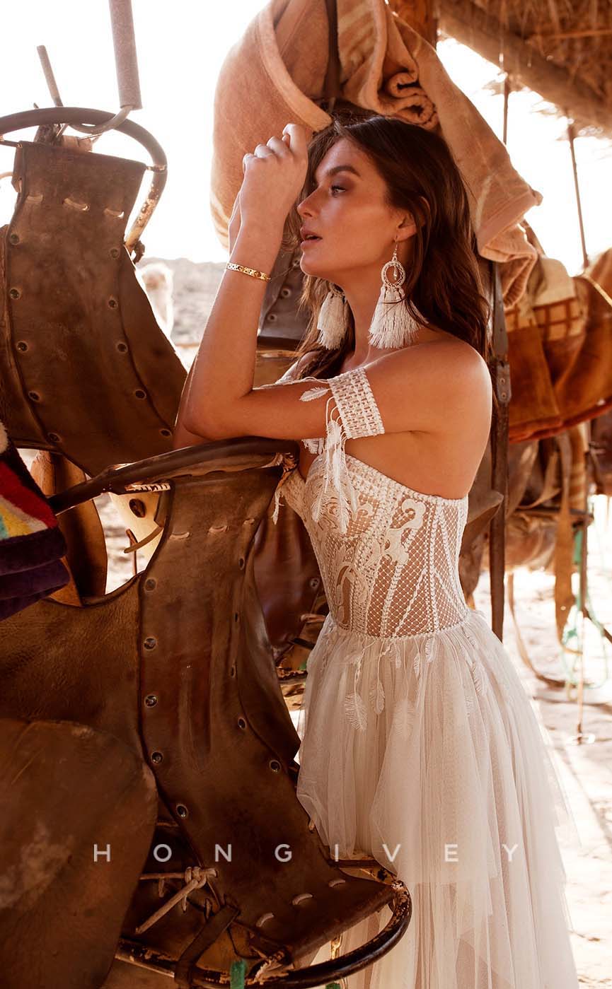 H1015 - Sexy Sweetheart Illusion Cutout Tulle Gown Long Beach/Bohemian Wedding Dress - Fashionpara