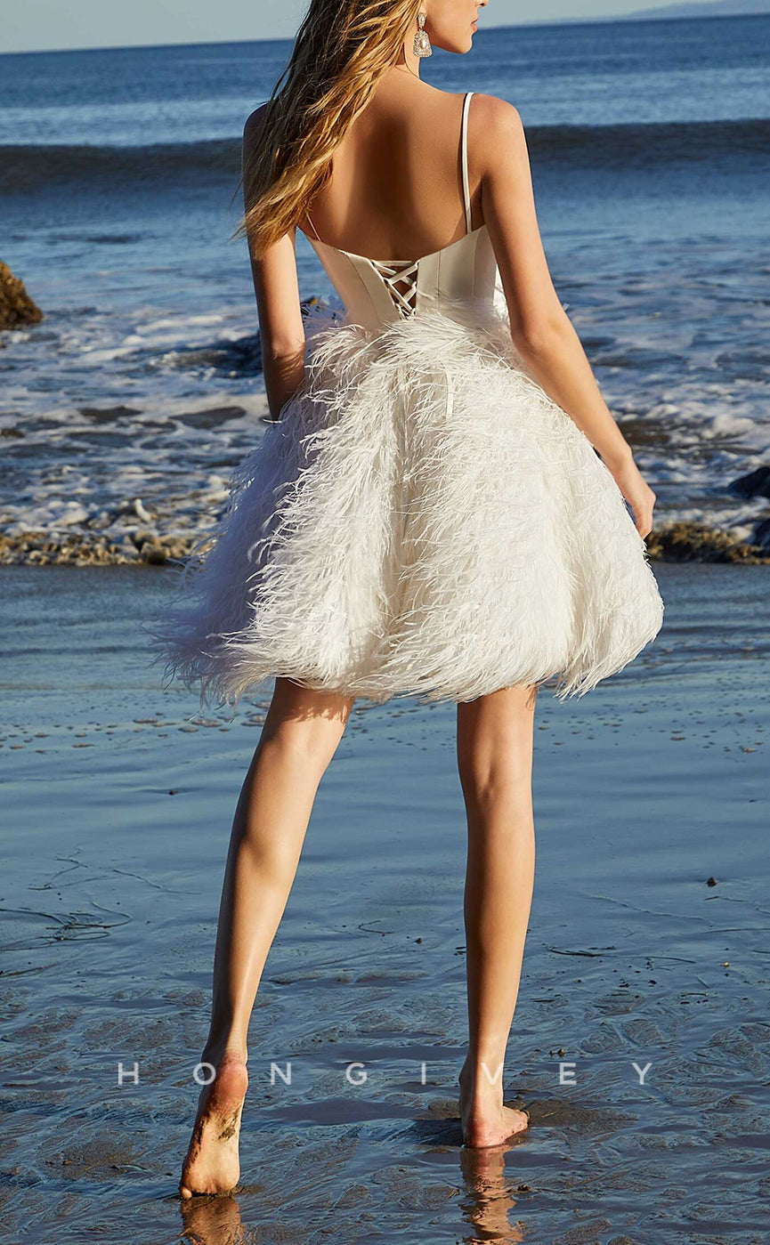 H1022 - Sweet V-Neck Spaghetti Straps Feathered Short Wedding Dress - Fashionpara