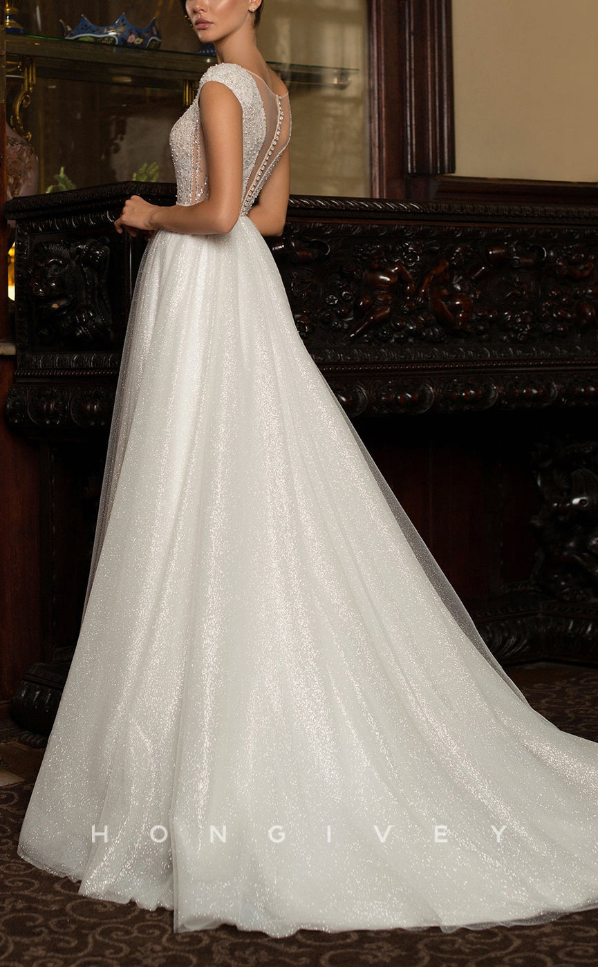 H1029 - Ornate Glitter Plunging Neck Cap Sleeves Beaded Long Wedding Dress - Fashionpara