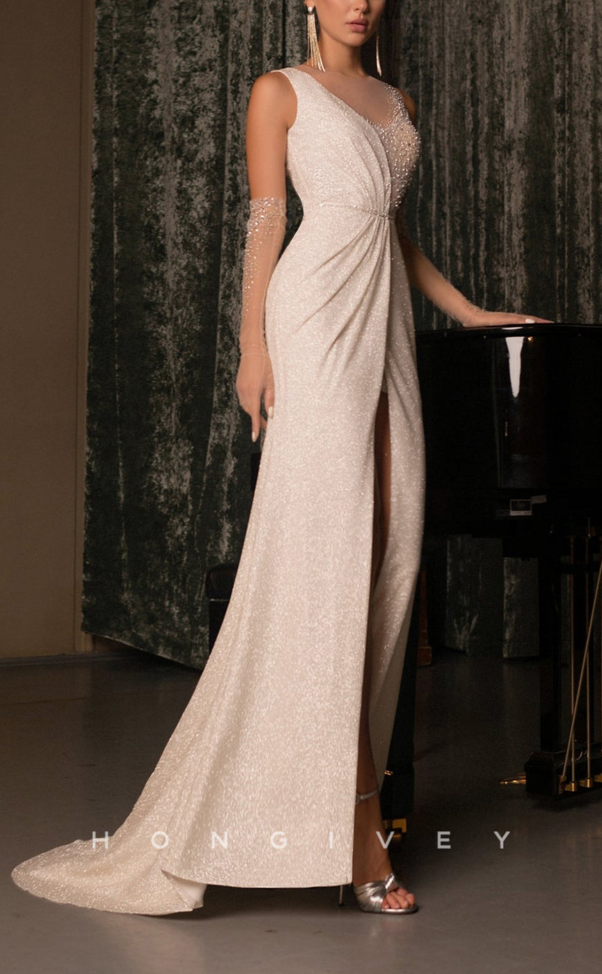 H1030 - Elegant & Luxurious Glitter Splice Scoop Lace Sleeves Wedding Dress - Fashionpara