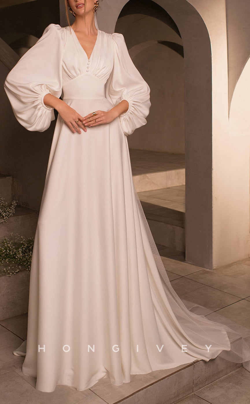 H1060 - Simple & Casual Satin V-neck Long Sleeves Ruched With Veil Wedding Dress - Fashionpara