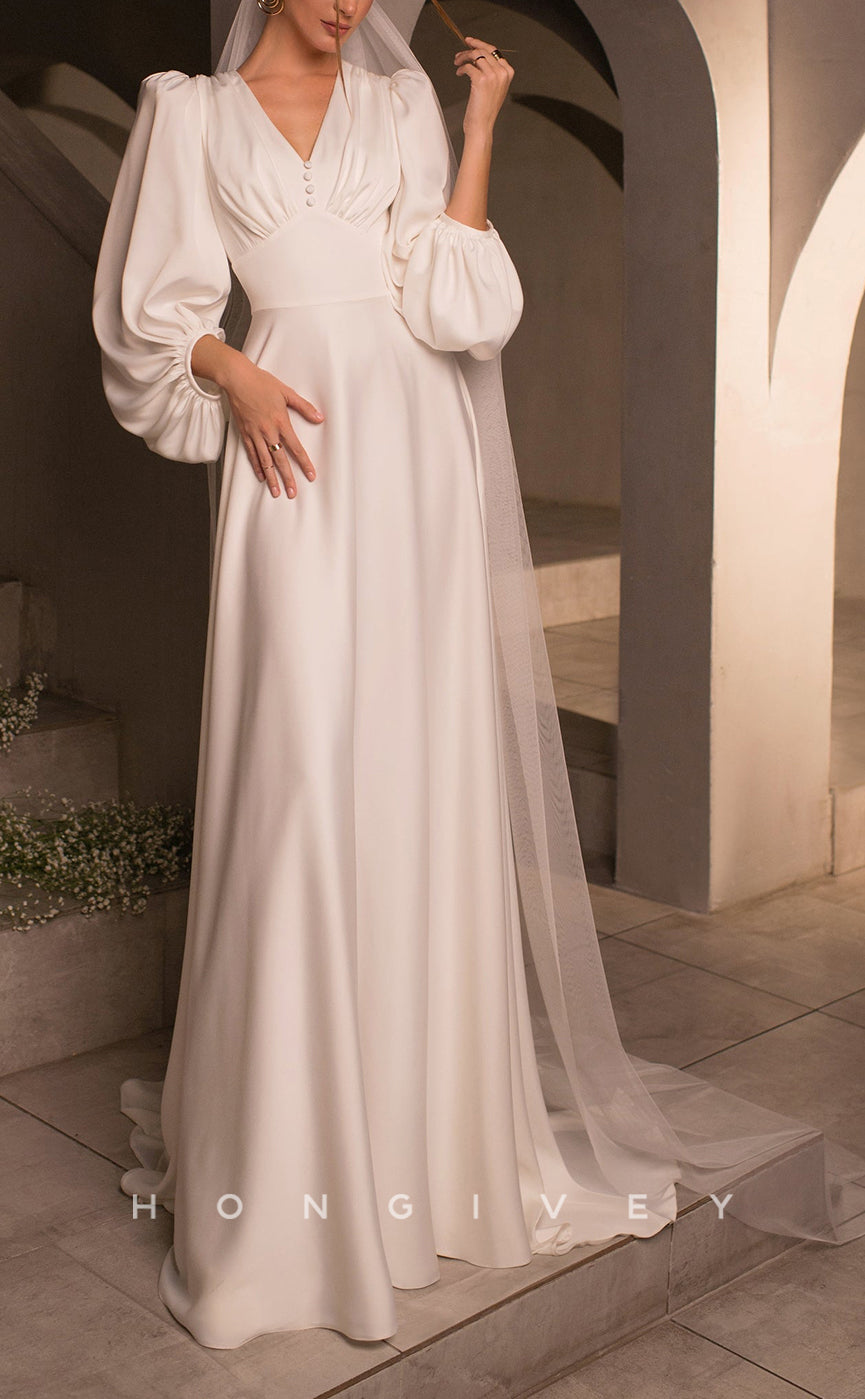 H1060 - Simple & Casual Satin V-neck Long Sleeves Ruched With Veil Wedding Dress - Fashionpara