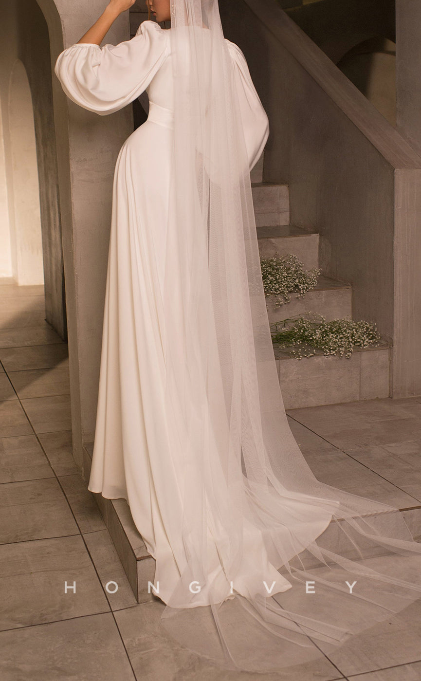 H1060 - Simple & Casual Satin V-neck Long Sleeves Ruched With Veil Wedding Dress - Fashionpara