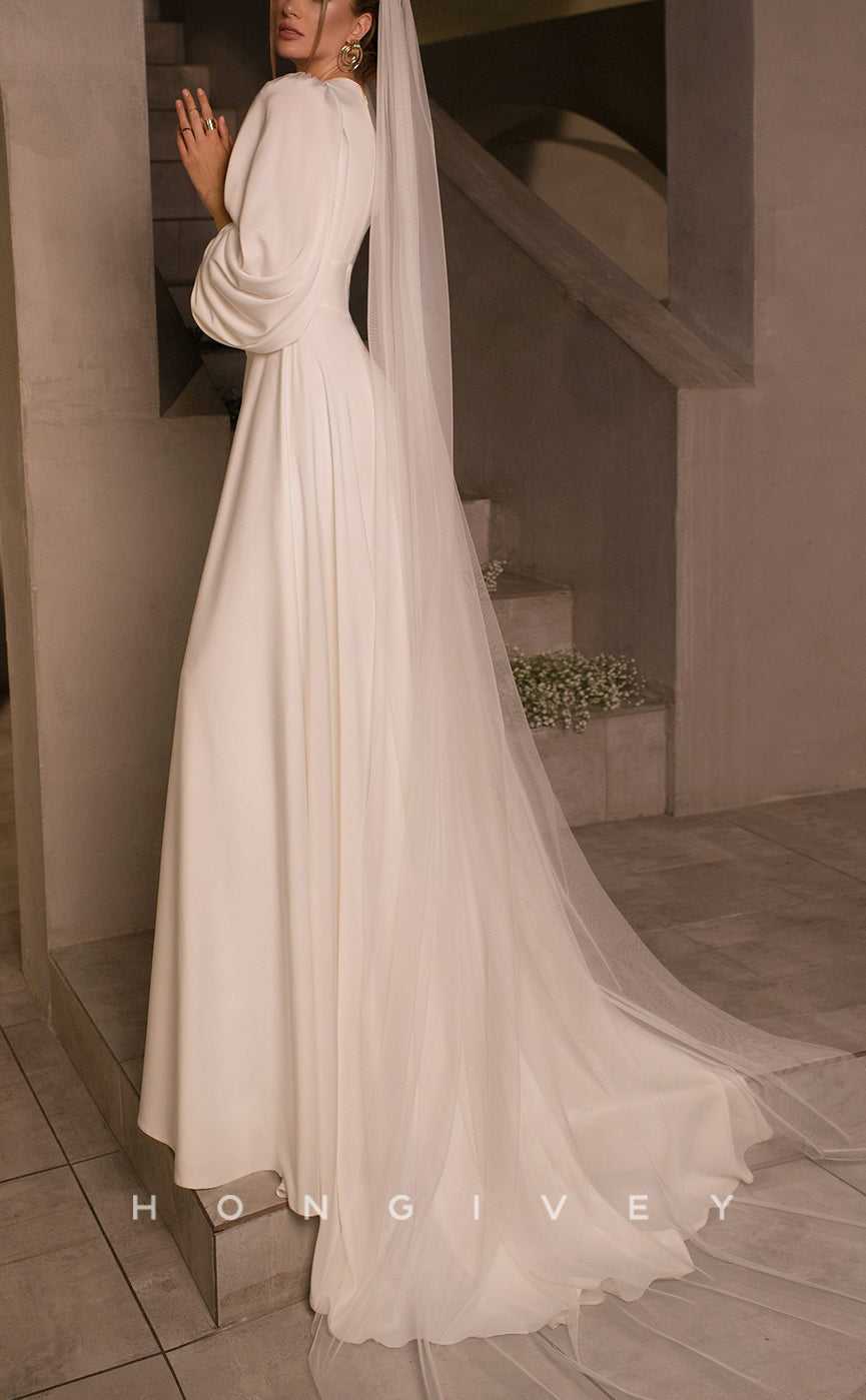 H1060 - Simple & Casual Satin V-neck Long Sleeves Ruched With Veil Wedding Dress - Fashionpara