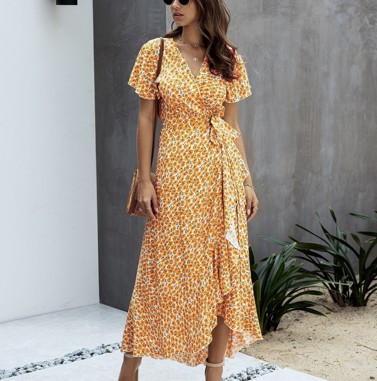 Ditsy Floral V-Neck Flutter Sleeve High-Low Maxi Dress 12