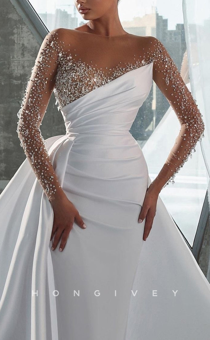 H1179 - Chic Satin V-Neck Long Sleeve Empire Ruched Beaded With Train Wedding Dress - Fashionpara