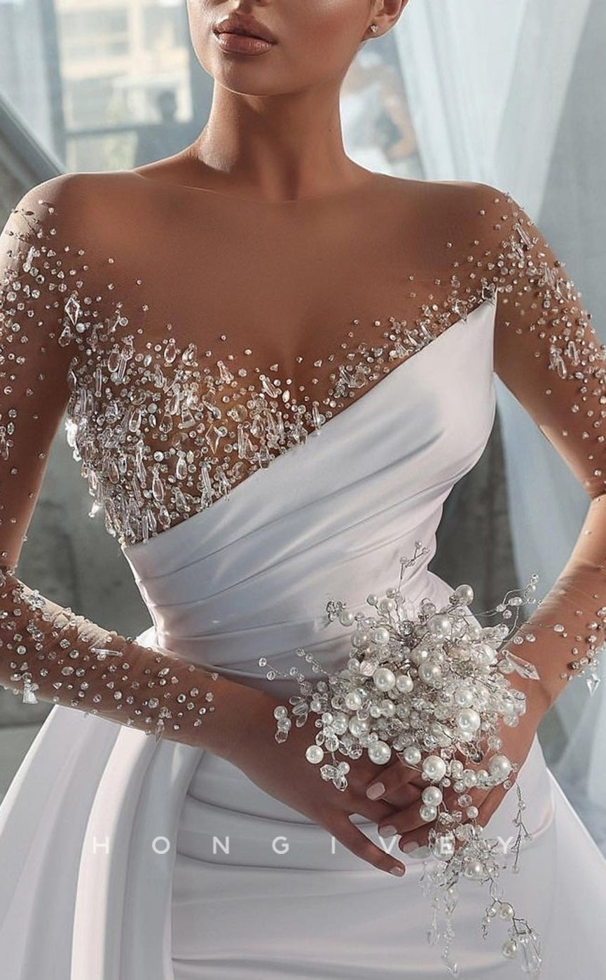 H1179 - Chic Satin V-Neck Long Sleeve Empire Ruched Beaded With Train Wedding Dress - Fashionpara