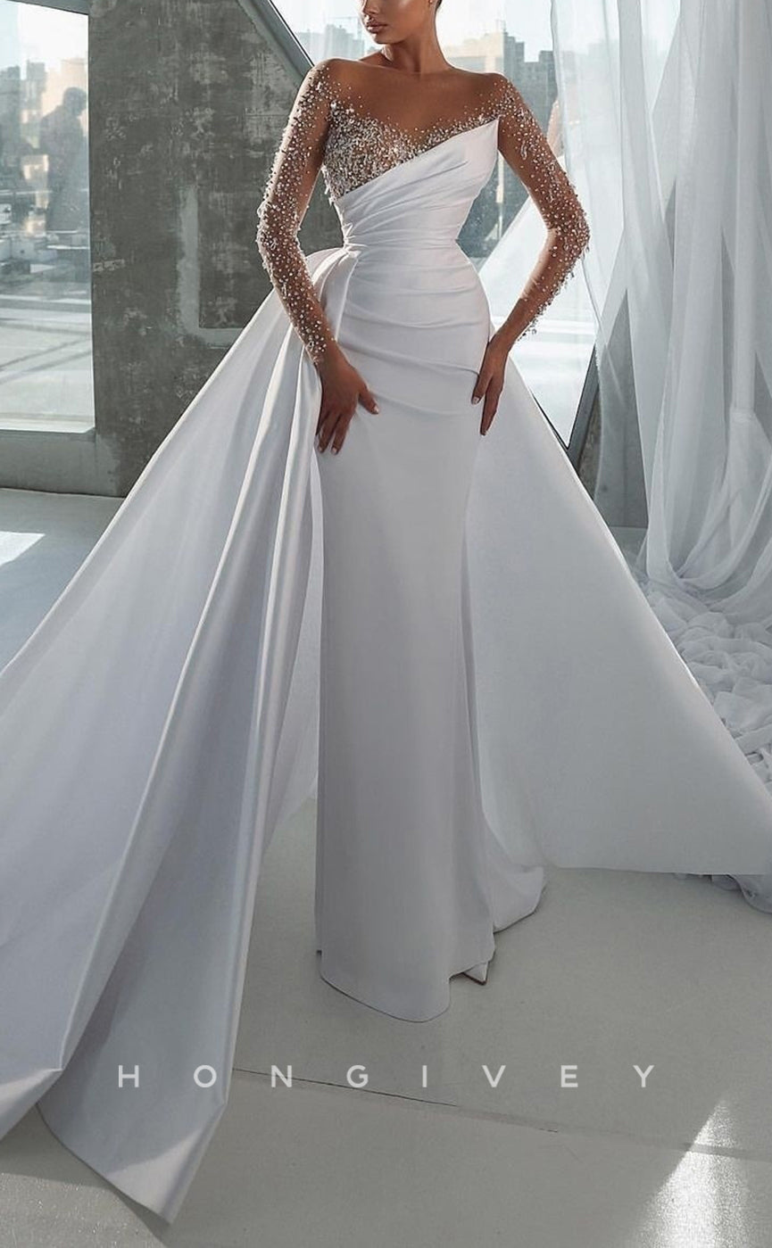 H1179 - Chic Satin V-Neck Long Sleeve Empire Ruched Beaded With Train Wedding Dress - Fashionpara