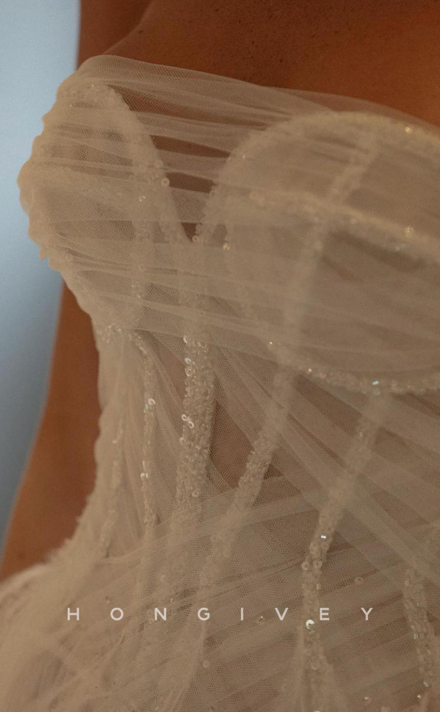 H1202 - Sexy Tulle A-Line Illusion Sweetheart Sleeveless Feathers Beaded With Side Slit Train Wedding Dress - Fashionpara