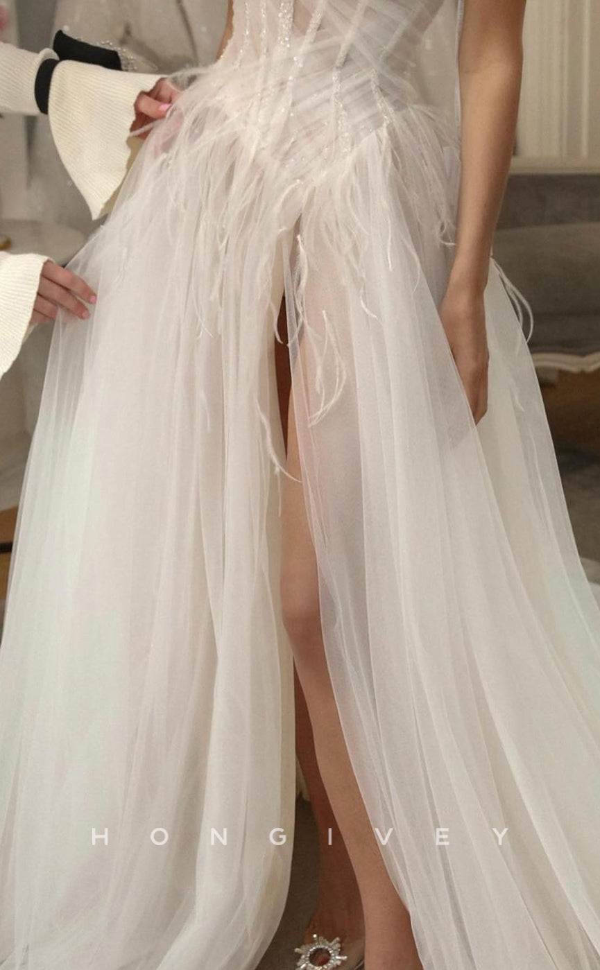 H1202 - Sexy Tulle A-Line Illusion Sweetheart Sleeveless Feathers Beaded With Side Slit Train Wedding Dress - Fashionpara