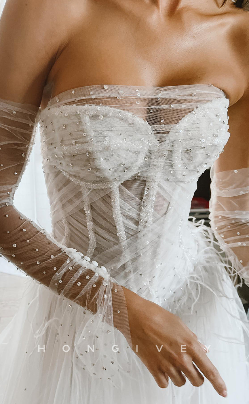 H1202 - Sexy Tulle A-Line Illusion Sweetheart Sleeveless Feathers Beaded With Side Slit Train Wedding Dress - Fashionpara