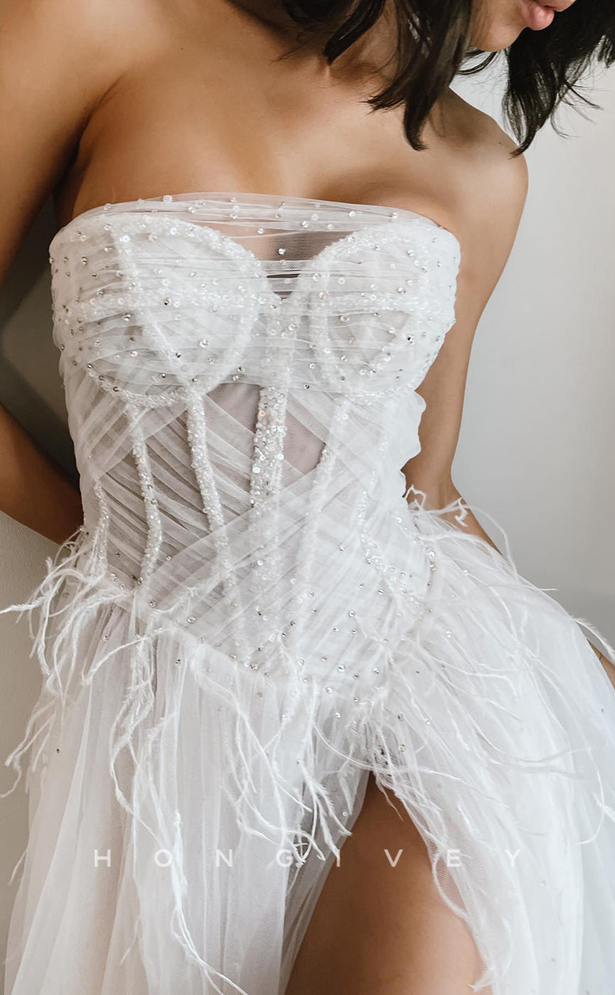 H1202 - Sexy Tulle A-Line Illusion Sweetheart Sleeveless Feathers Beaded With Side Slit Train Wedding Dress - Fashionpara