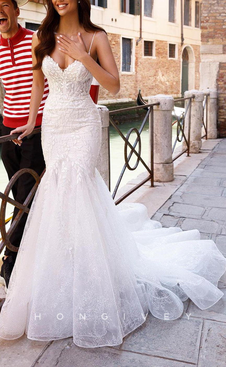 H1212 - Sexy Trumpt V-Neck Spaghetti Straps Empire Appliques Tulle Train Wedding Dress - Fashionpara