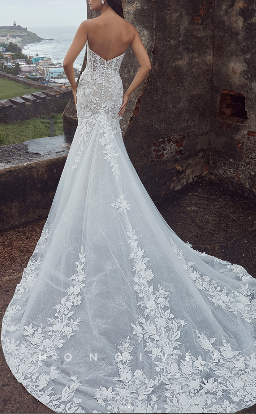 H1218 - Sexy Trumpt Lace Sweetheart Strapless Sleeveless Empire Appliques With Train Wedding Dress - Fashionpara