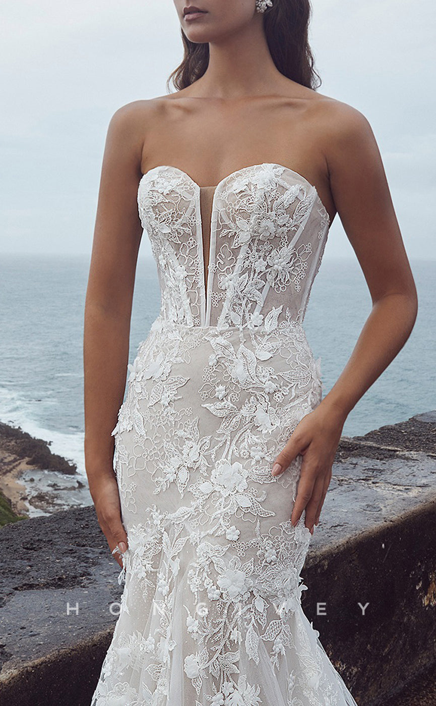 H1218 - Sexy Trumpt Lace Sweetheart Strapless Sleeveless Empire Appliques With Train Wedding Dress - Fashionpara