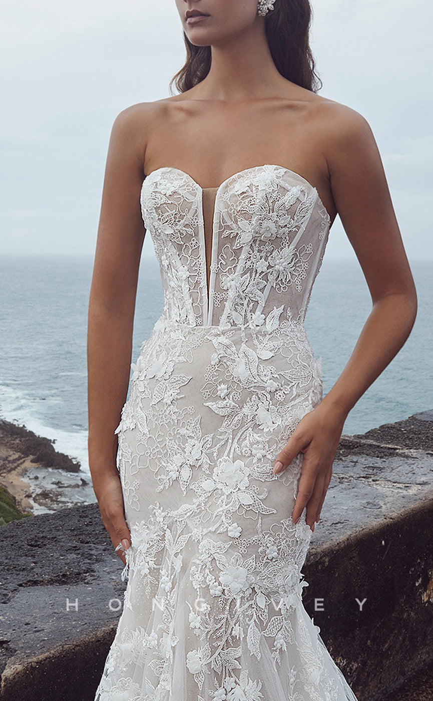 H1218 - Sexy Trumpt Lace Sweetheart Strapless Sleeveless Empire Appliques With Train Wedding Dress - Fashionpara