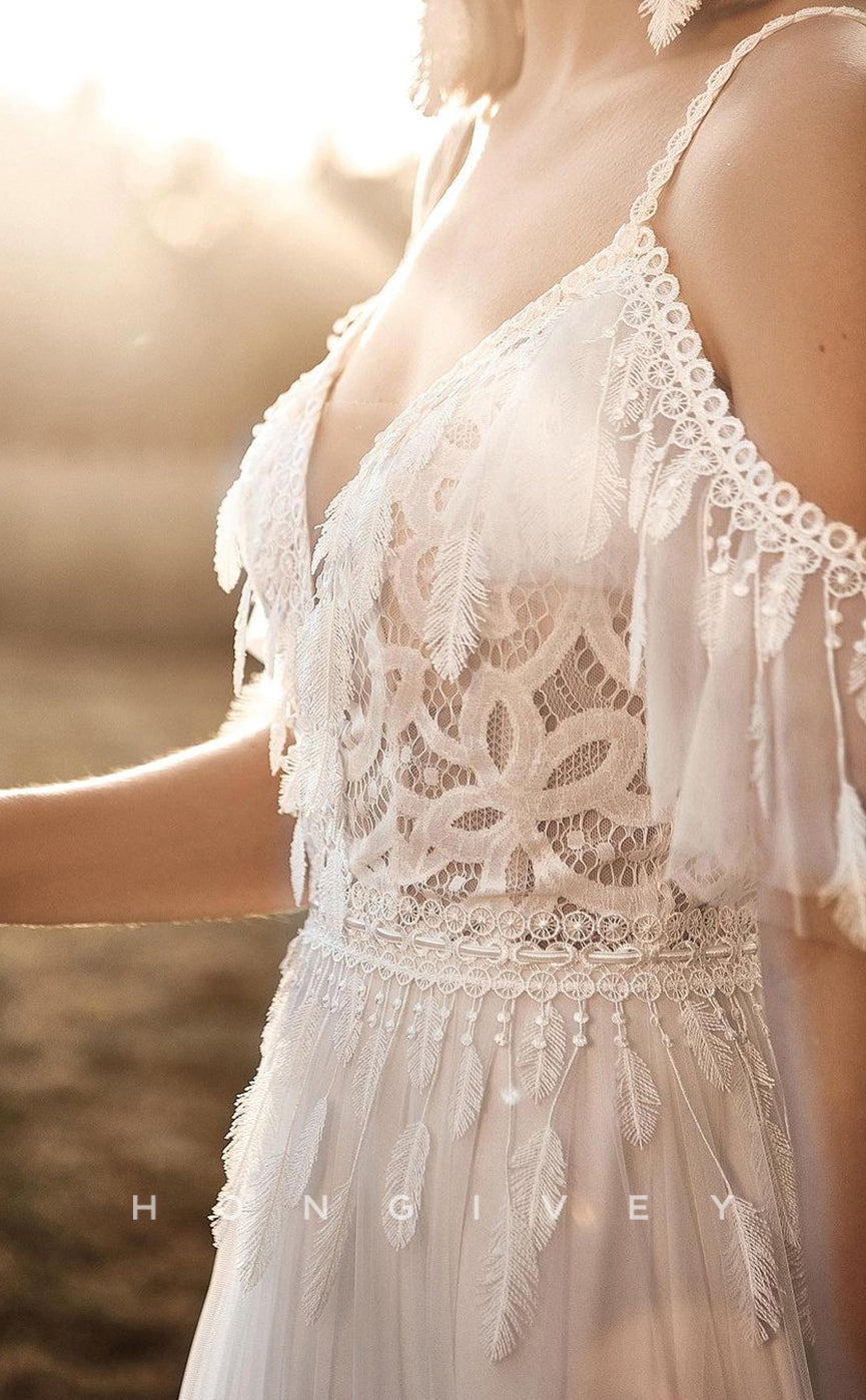 H1224 - Sexy Tulle A-Line Off-Shoulder Illusion Appliques Beaded Feathers With Train Boho Wedding Dress - Fashionpara