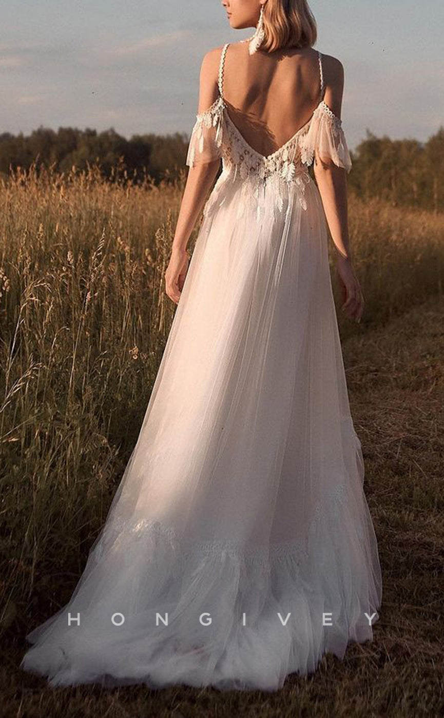 H1224 - Sexy Tulle A-Line Off-Shoulder Illusion Appliques Beaded Feathers With Train Boho Wedding Dress - Fashionpara