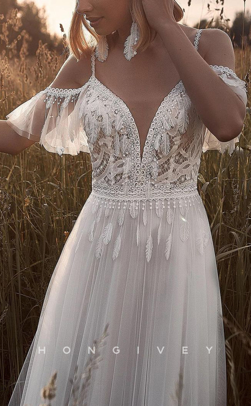 H1224 - Sexy Tulle A-Line Off-Shoulder Illusion Appliques Beaded Feathers With Train Boho Wedding Dress - Fashionpara