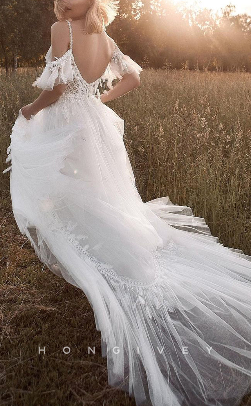 H1224 - Sexy Tulle A-Line Off-Shoulder Illusion Appliques Beaded Feathers With Train Boho Wedding Dress - Fashionpara