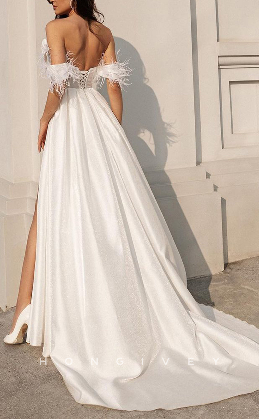 H1250 - Sexy Satin A-Line Off-Shoulder Empire Ruched Feathers With Side Slit Train Wedding Dress - Fashionpara