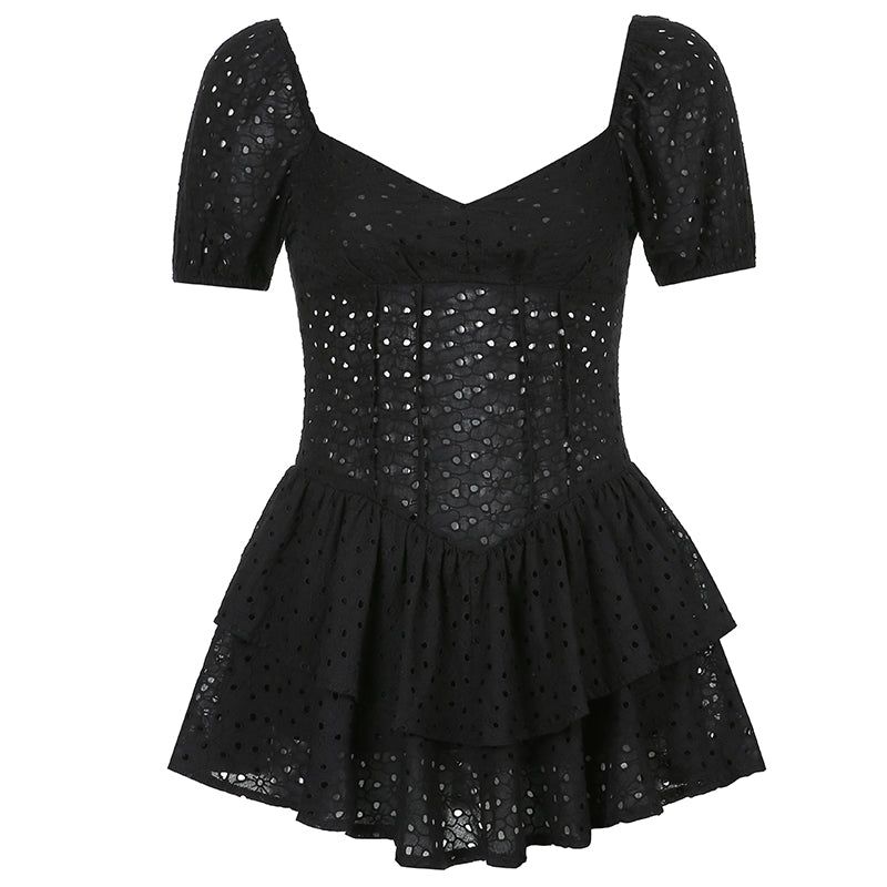 Broderie Anglaise Puff-Sleeve Corset Tiered Ruffle Mini Dress 10