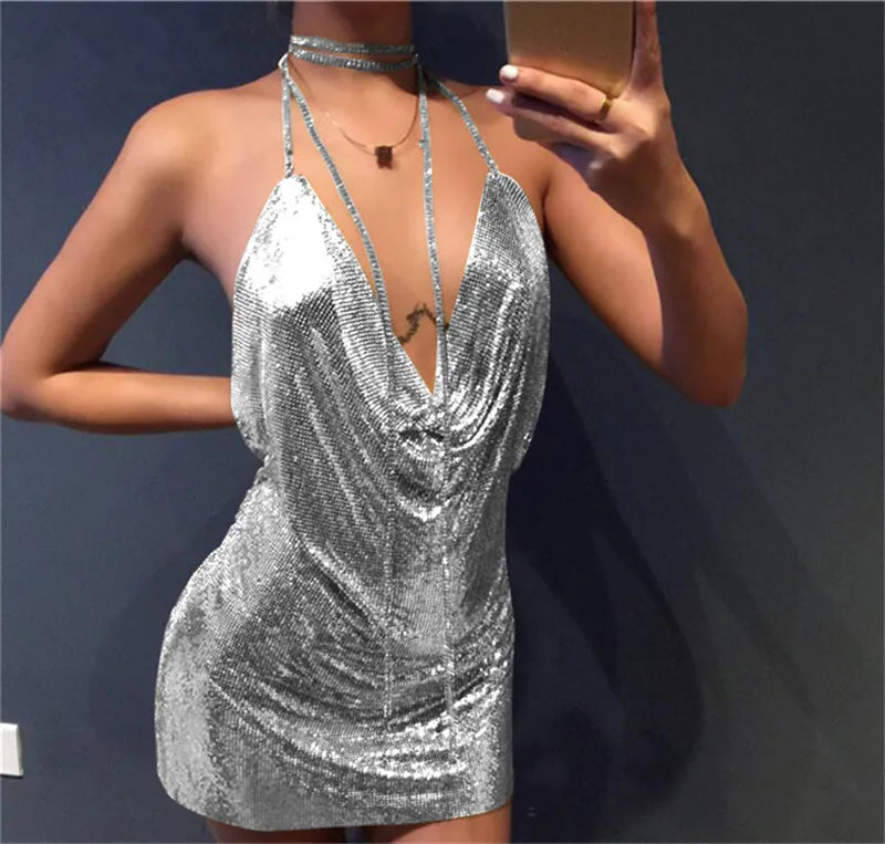 Sequin Halter Neck Cowl Neck Backless Bodycon Mini Dress - View 5