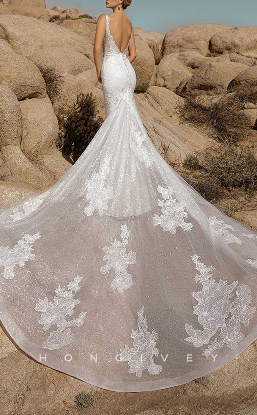 H1338 - Sexy Glitter Trumpt V-Neck Spaghetti Straps Empire Appliques With Tulle Train Wedding Dress - Fashionpara