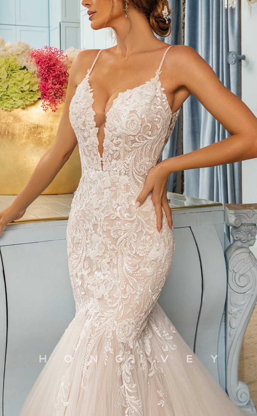 H1339 - Sexy Satin Trumpt V-Neck Spaghetti Straps Empire Appliques With Tulle Train Wedding Dress - Fashionpara