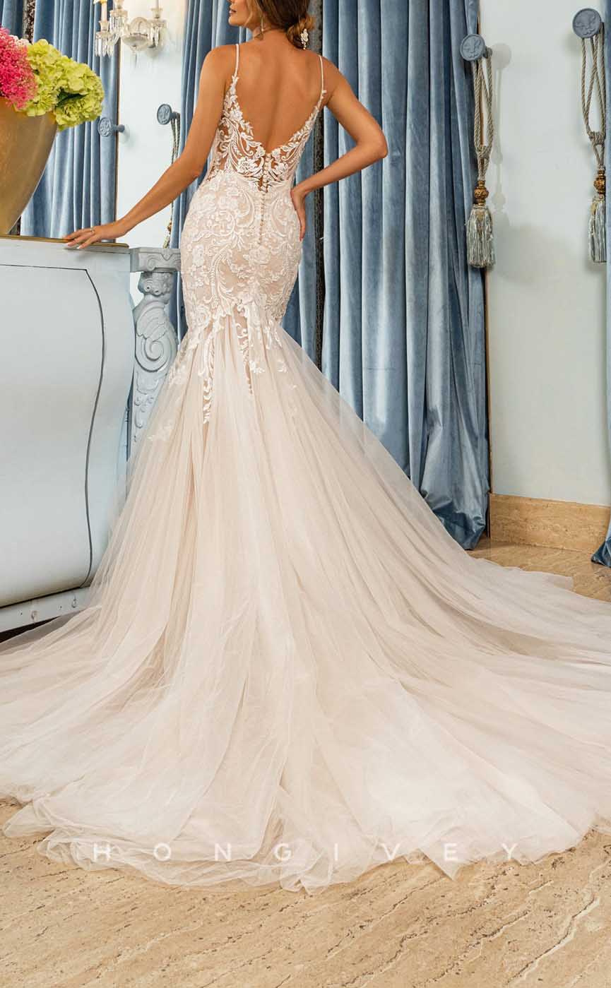 H1339 - Sexy Satin Trumpt V-Neck Spaghetti Straps Empire Appliques With Tulle Train Wedding Dress - Fashionpara