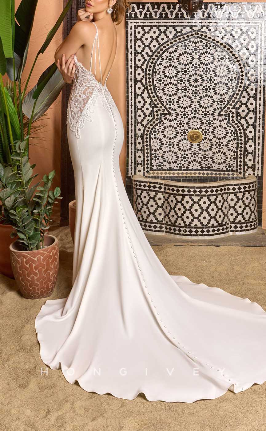 H1340 - Sexy Satin Trumpt V-Neck Spaghetti Straps Empire Beaded Appliques With Train Beach Wedding Dress - Fashionpara