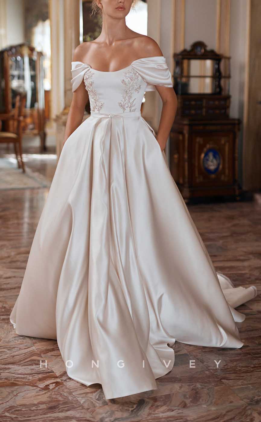 H1363 - Sexy Satin A-Line Off-Shoulder Empire Beaded Embroidery With Pockets Train Wedding Dress - Fashionpara