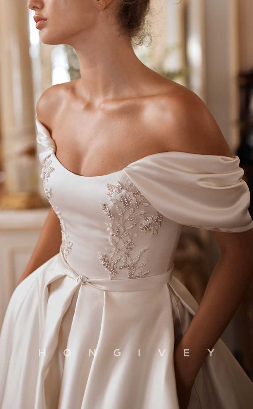 H1363 - Sexy Satin A-Line Off-Shoulder Empire Beaded Embroidery With Pockets Train Wedding Dress - Fashionpara