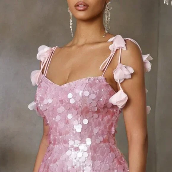 Sparkly Spaghetti Straps Pink Sequin Mermaid Slit Evening Dress Long Birthday Party Dress D1578