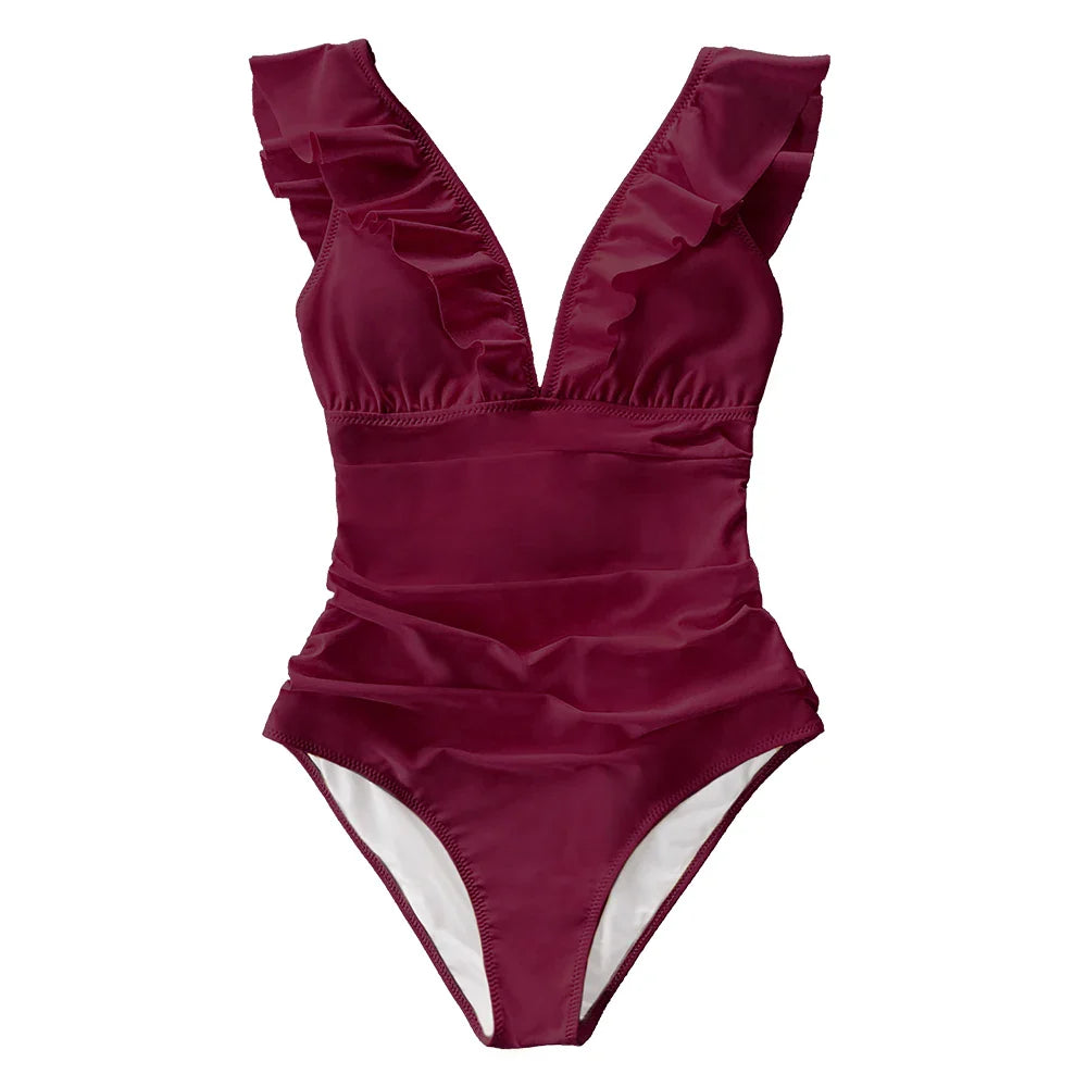 Ruffled V-neck Lace Up Monokini One Piece Set