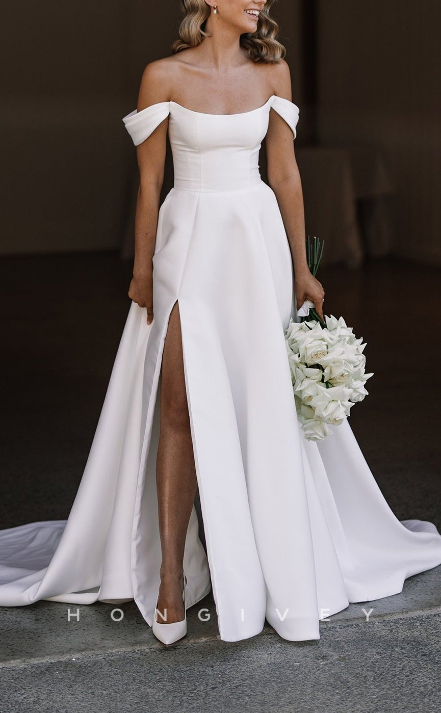 H1516 - Sexy Satin A-Line Off-Shoulder Empire Ruched With Side Slit Train Wedding Dress - Fashionpara
