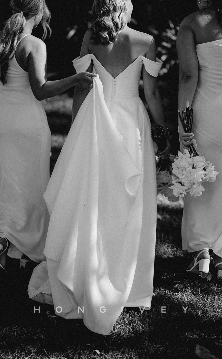 H1516 - Sexy Satin A-Line Off-Shoulder Empire Ruched With Side Slit Train Wedding Dress - Fashionpara