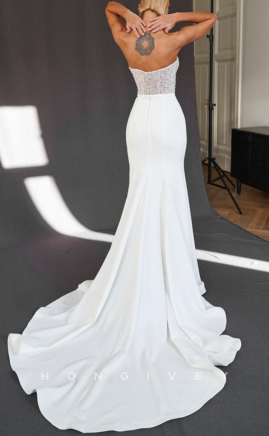 H1525 - Sexy Satin Trumpet Sweetheart Strapless Empire Beaded Sequined With Train Beach Wedding Dress - Fashionpara